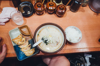 High angle view of breakfast on table