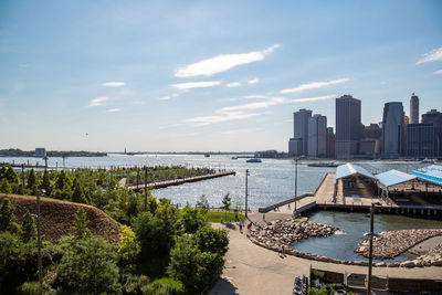 Scenic view of sea by buildings against sky