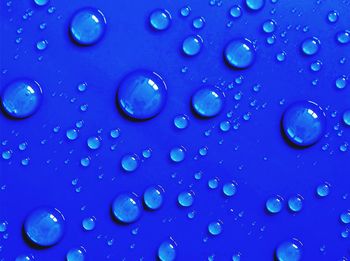 Close-up of water drops on blue surface