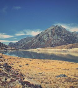 Scenic alpine valley, mountain peak and sela lake near tawang hill station, arunachal pradesh