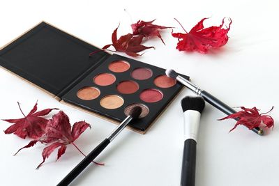 High angle view of red rose on table