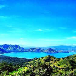Scenic view of lake and mountains against sky