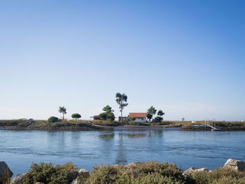 Calm sea against clear blue sky