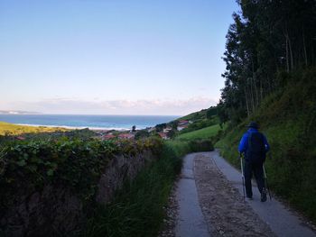 Rear view of man walking on road by sea against sky