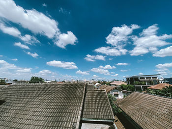 High angle view of buildings against sky