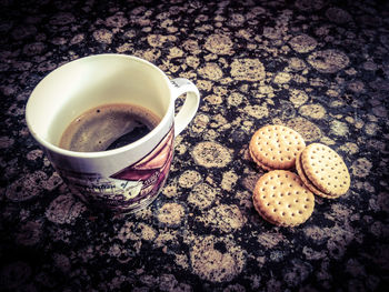 High angle view of coffee on table