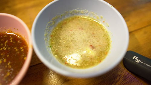 High angle view of soup in bowl on table