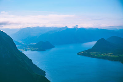 Aerial view of sea and mountains against sky