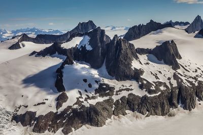 Scenic view of snow covered mountains against sky