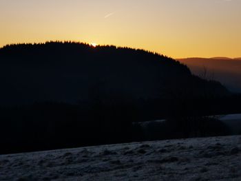 Scenic view of silhouette mountain against sky during sunset