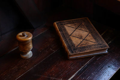 High angle view of open book on table