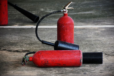 Close-up of red fire hydrant on table