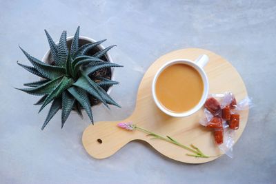 High angle view of breakfast on table