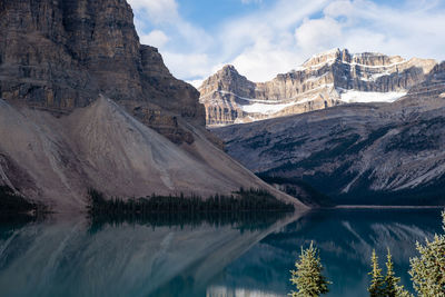 Scenic view of snowcapped mountains by lake against sky