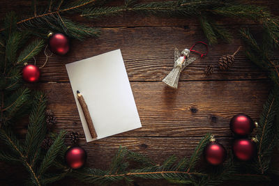 Directly above shot of christmas decorations on table