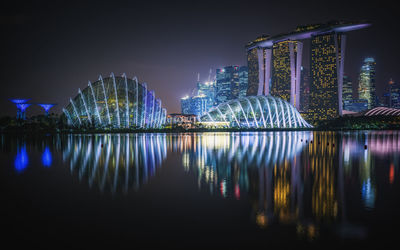 Reflection of illuminated buildings in river against sky at night