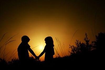 Silhouette people against sky during sunset on field