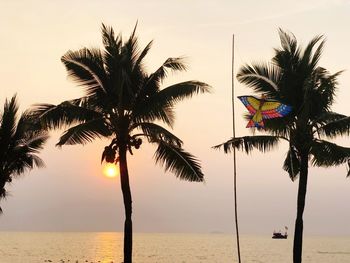 Silhouette palm trees at beach against sky during sunset