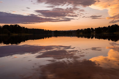 Colorful sky and colorful water in lake reflected in the evening sunset.