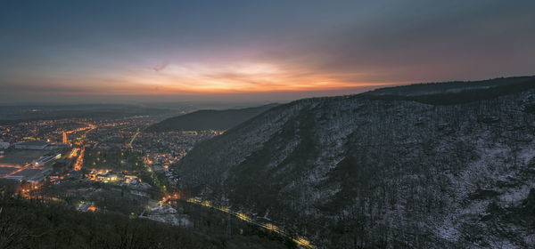 Scenic view of mountains against sky during sunset