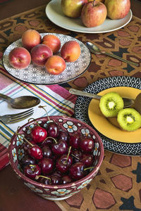 High angle view of fruits in plate on table