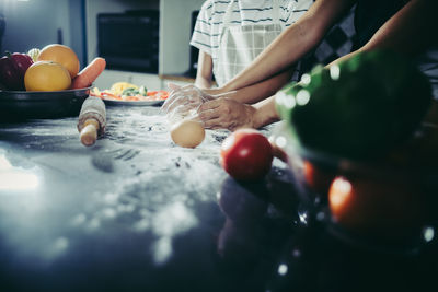 High angle view of preparing food in kitchen at home