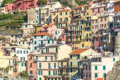 View of village houses  of  manarola village at cinque terre area,  italy,  june, 2019.