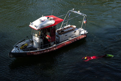 High angle view of ship floating on sea