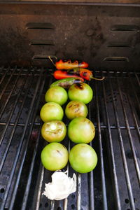 High angle view of apples in container