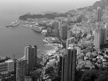 High angle view of buildings in city against sky