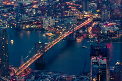 High angle view of illuminated city at night