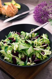 High angle view of food in plate on table