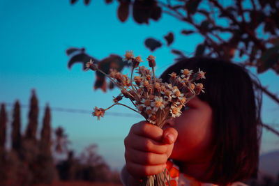 Close-up of woman holding red flowering plant against sky