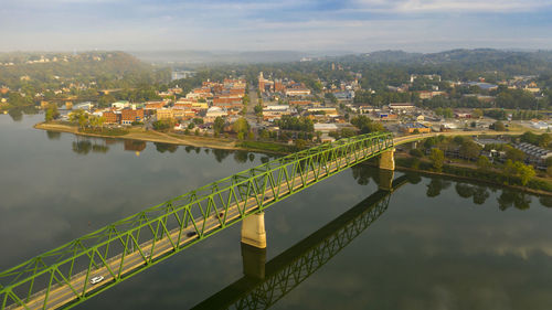 Aerial view of river amidst buildings against sky