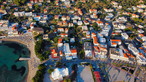 High angle view of illuminated buildings in town