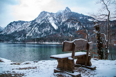 Scenic view of snowcapped mountains by lake against sky