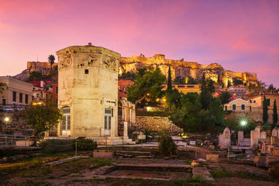 Remains of roman agora and acropolis in the old town of athens, greece