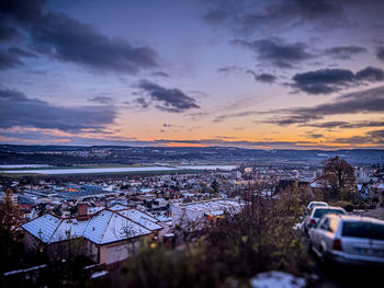 High angle view of townscape against sky during sunset