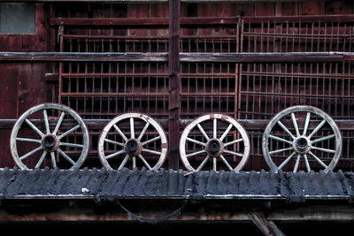 Low angle view of wheels leaning on railing