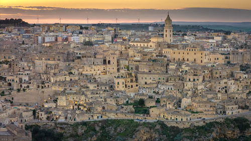 High angle view of townscape against sky during sunset