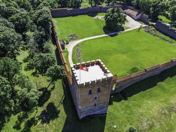 Aerial view of medieval medininkai castle, lithuania.