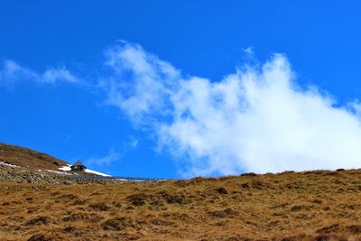 Low angle view of mountain against blue sky