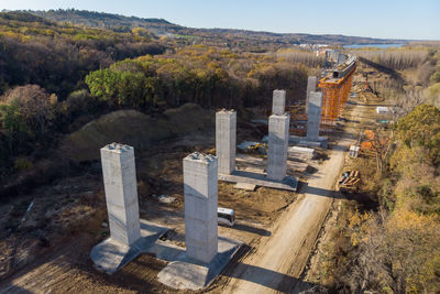 High angle view of cemetery against sky