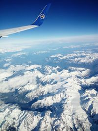 Aerial view of snowcapped mountains against sky