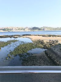 Scenic view of lake against clear blue sky