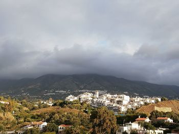 High angle view of buildings in city against sky