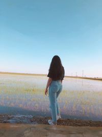Rear view of woman standing on beach against clear sky