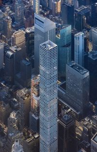 High angle shot of supertall skyscraper in billionaire row in nyc