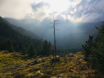 Scenic view of mountains against sky with sun glare