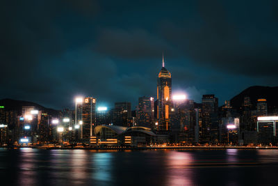 Illuminated buildings at waterfront